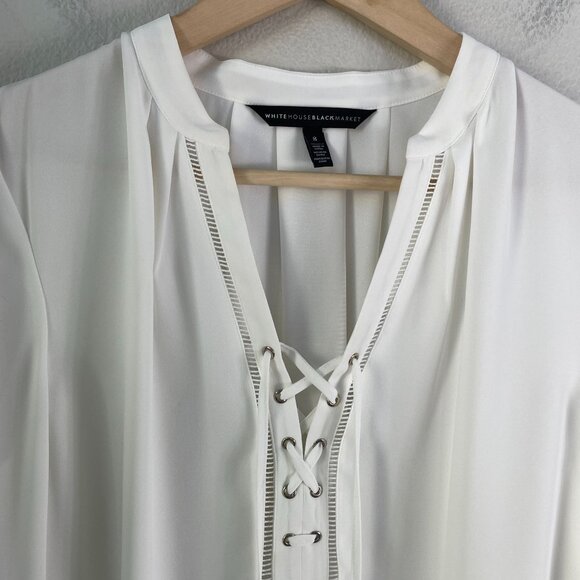 White House Black Market Womens 8 Lace Up Blouse Long Bell Sleeve Shirt Top - Picture 7 of 10